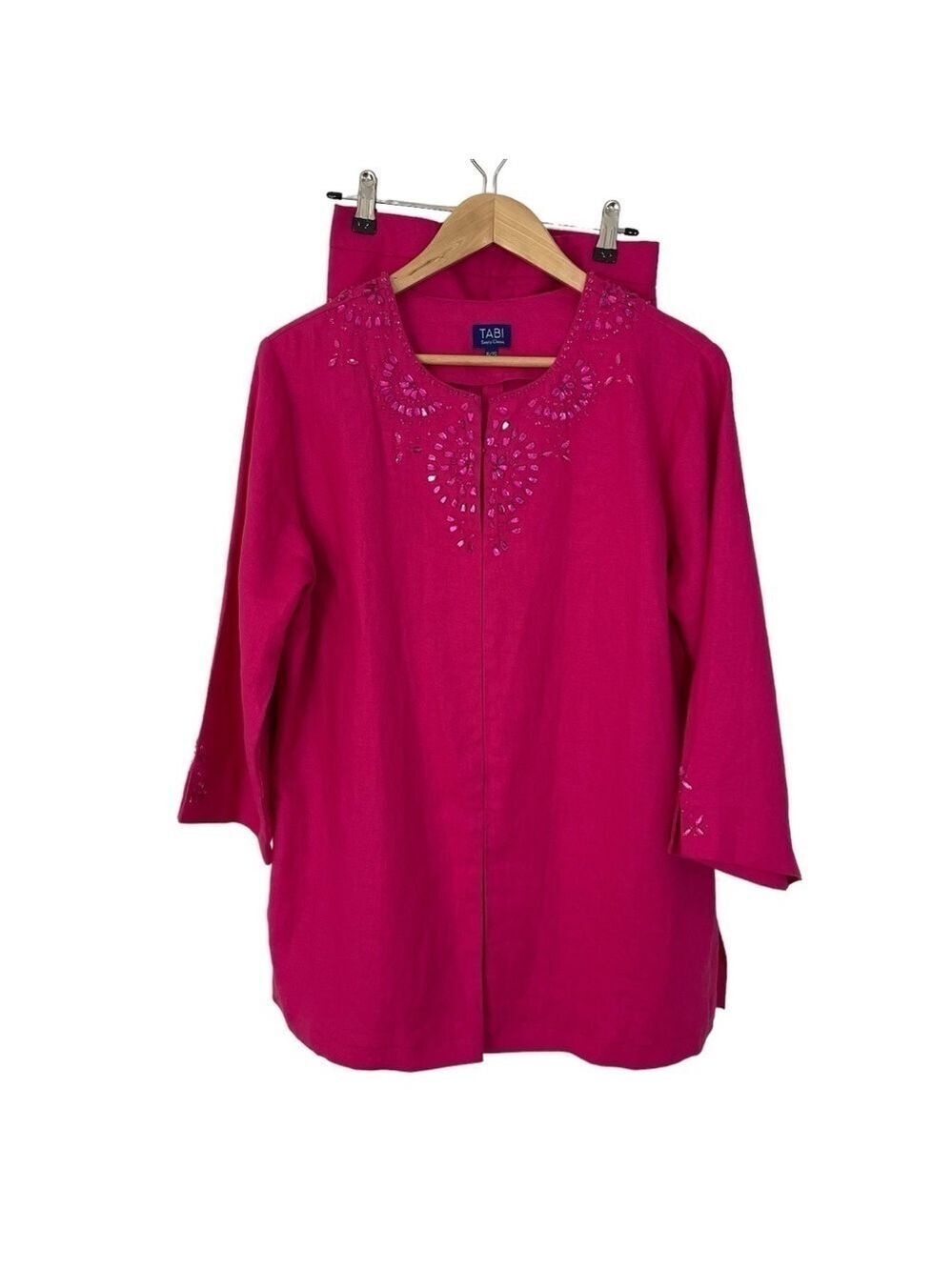 100% Linen Top + Pants Sz XL Pink Fuchsia Outfit Jacket Rhinestone Classy EUC